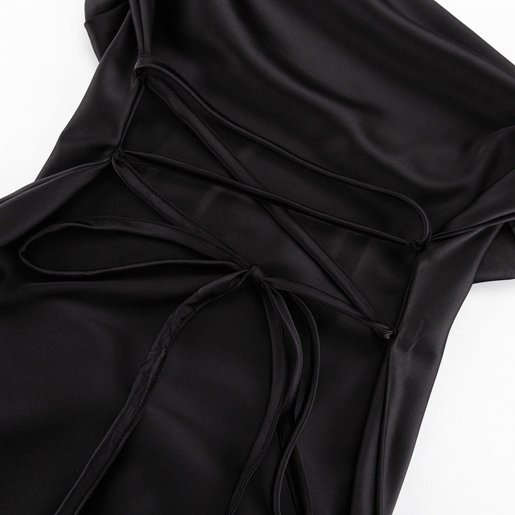 Black Strap Slim-fit Satin Bell Sleeve Dress FIDAN